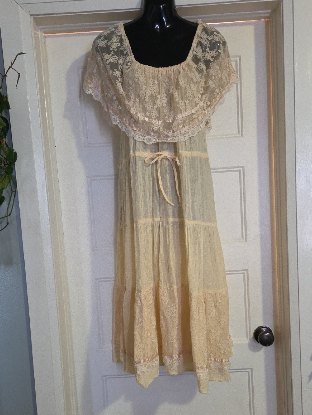 Boho Lace Yoke Tiered Maxi Dress in Cream
